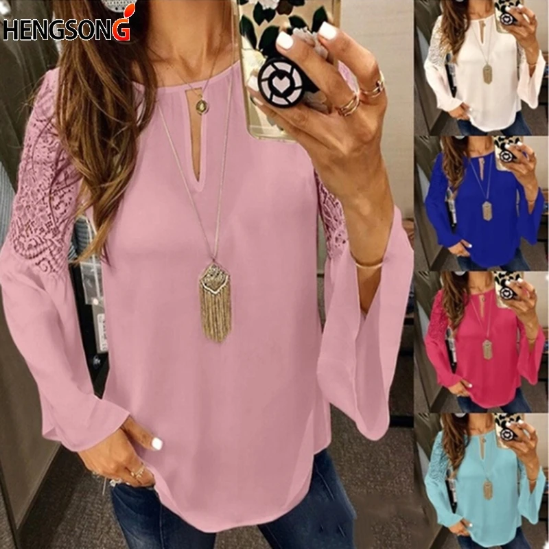 Blusas Mujer De Moda 2020 модная кружевная женская блузка с расклешенными рукавами