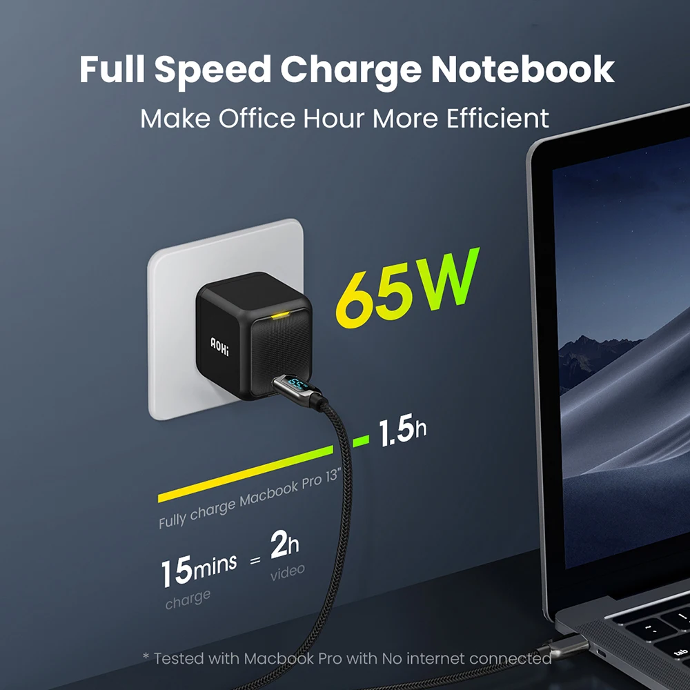 AOHI-cargador Magcube de 65W GaN +, cargador tipo C PD con Cable USB C a C de 100W, cargador r&aacute;pido para MacBook, iPhone 13, 12-1