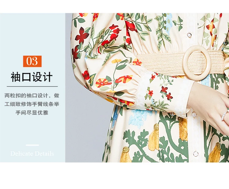 

2020 Autumn Runway Maxi Dress Women's Long Sleeve Stand Gorgeous Flower Print Long Dress Female Buttons up Sashes Holidays Dress