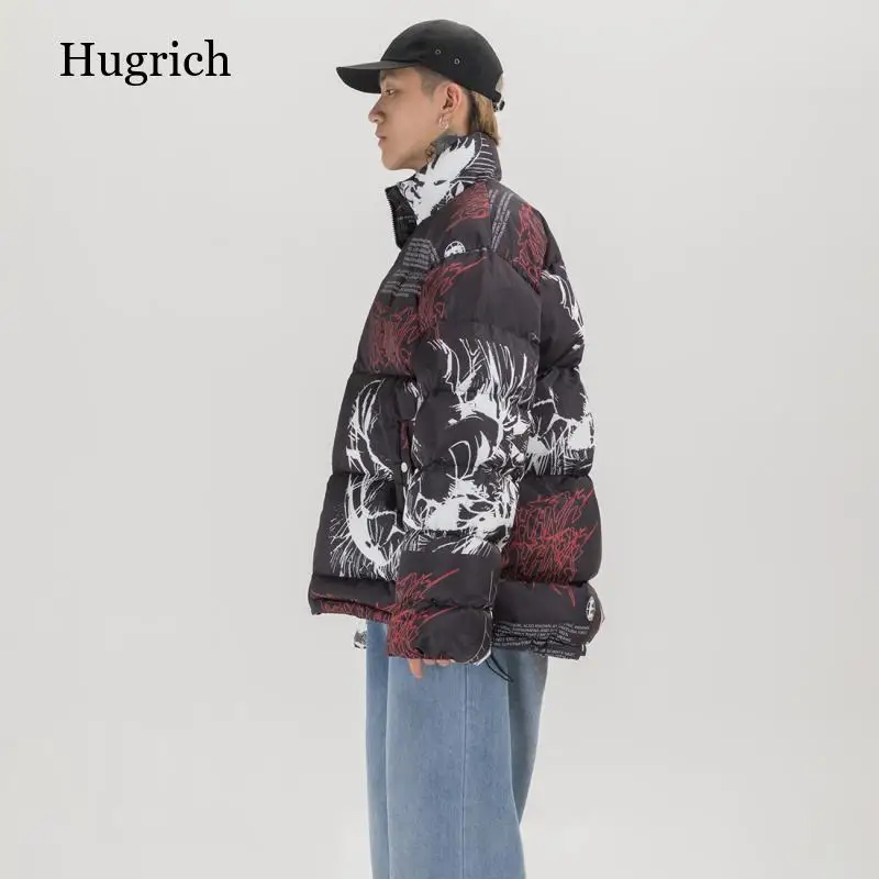 Пуховик с японским мультяшным принтом граффити Мужская Толстая парка зимняя