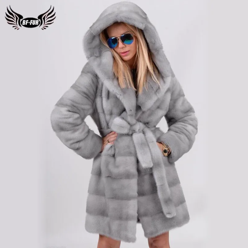 

BFFUR Women Natural Mink Fur Coats With Hood 2021 Trendy 90cm Long Full Pelt Mink Fur Coat Genuine Luxury Fur Overcoats Winter