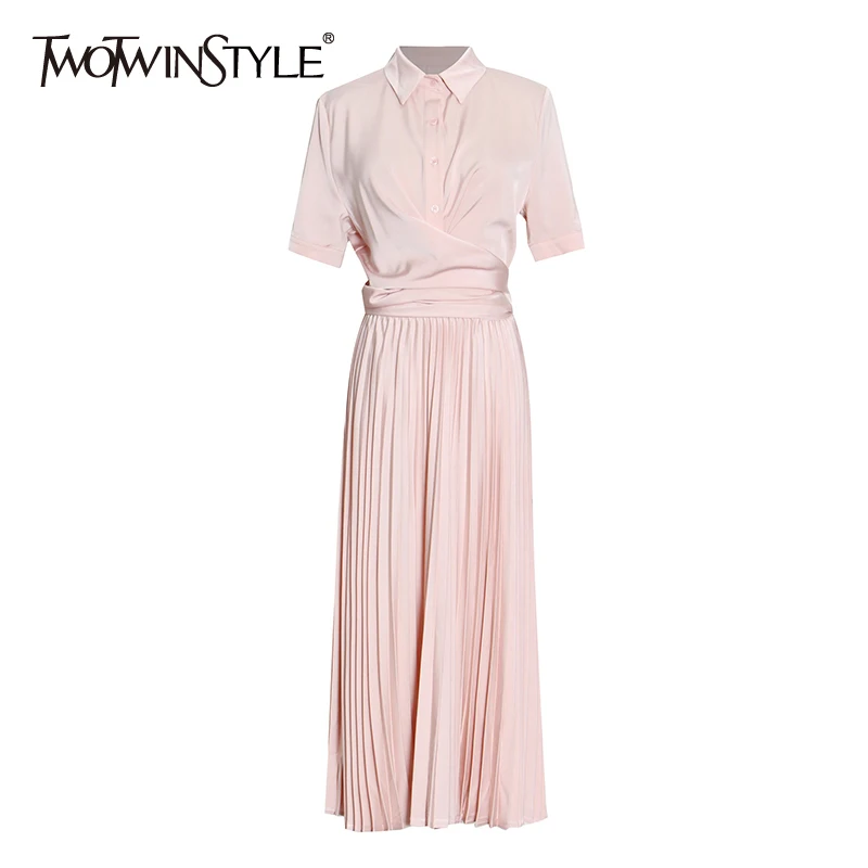 

TWOTWINSTYLE Casual Dress For Women Plain Stand Collar Single Breasted Gathered Waist Short Sleeve Dresses Female 2021 Clothing