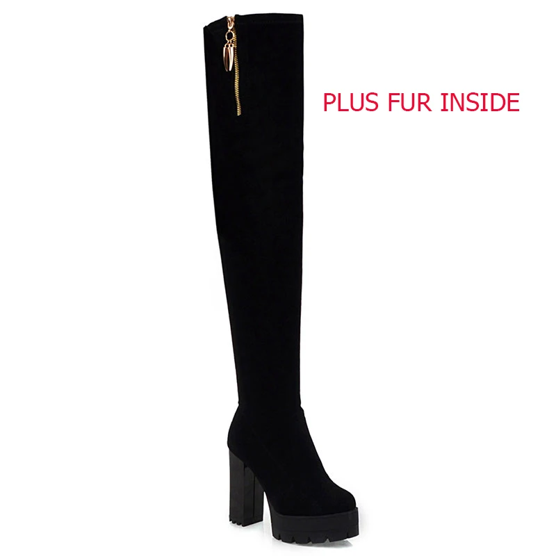 Plus Fur Black Lsewilly/женские высокие сапоги выше колена из искусственной замши; коллекция года; зимние тонкие вечерние сапоги для офиса; высокие сапоги до бедра для ночного клуба; K183 - Цвет: Plus Fur Black