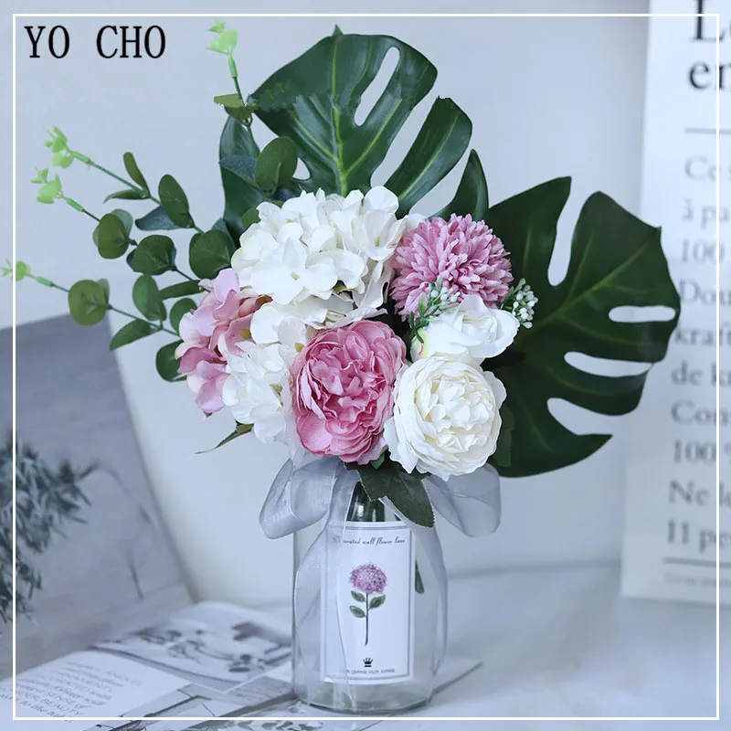 Свадебный букет YO CHO искусственные цветы шелковые розы розовые помпоны гортензии