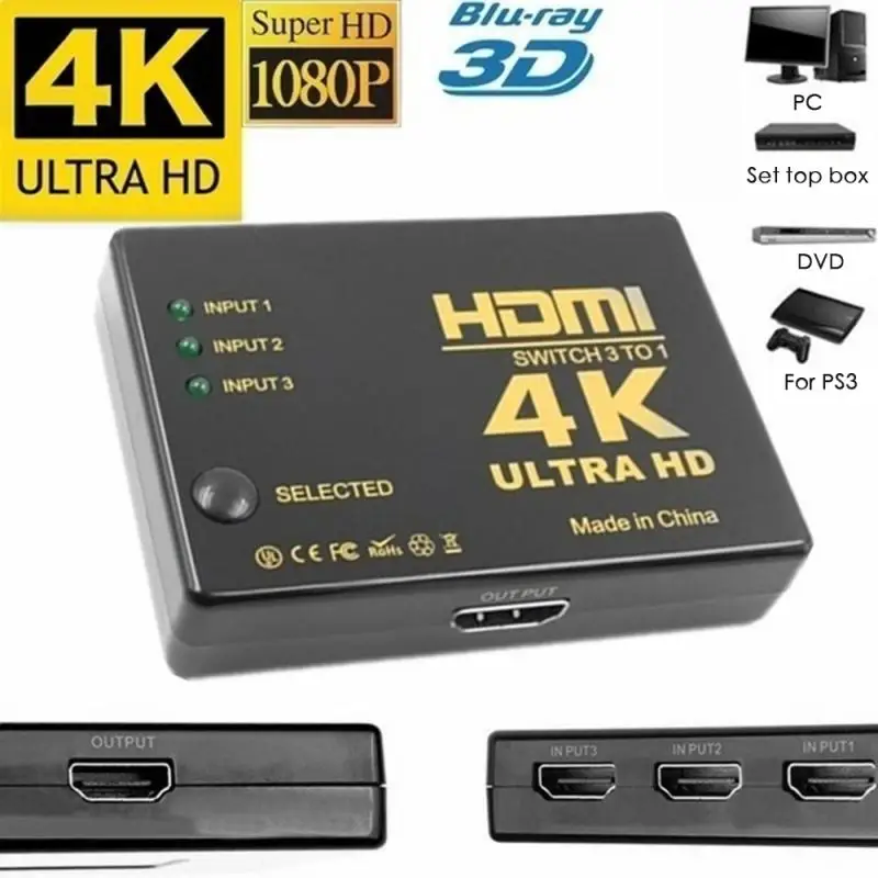 4K 3x1 3 входа 1 выход совместимый разветвитель кабеля HD 1080P видео переключатель