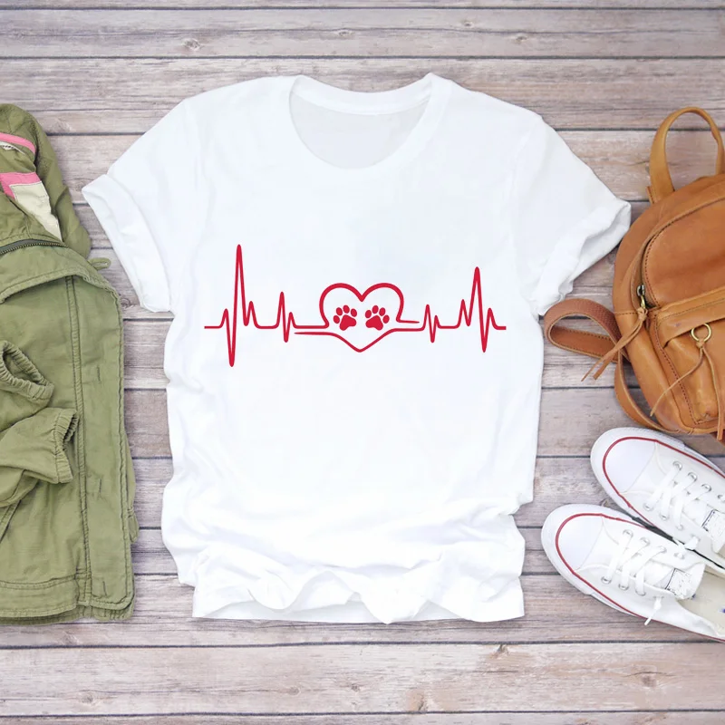 

Women T-shirts Love Heart Dog Paw Short Sleeve 90s Trend Ladies Print Lady Womens Graphic T Top Shirt Female Tee T-Shirt