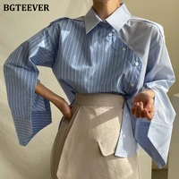 bgteever chic turn down collar patchwork women striped shirts long sleeve single breasted loose female blouses casual tops 2021