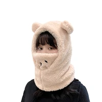 cute cartoon bear ear hat lamb plush cap winter warmth thickened with mask cap for women girl couples