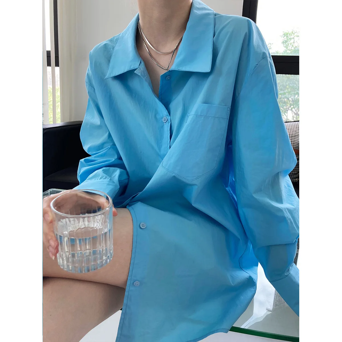 

SuperAen Autumn Clothes New Profile Loose Solid Blue Shirt Female Casual Simple Turn Down Collar Full Womens Tops