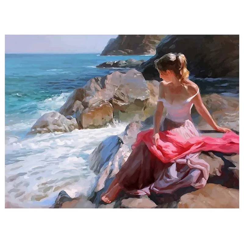 

5D Diy Diamond Painting Girl sitting by the sea Full Square round Drill Cross Stitch Mosaic Diamond Embroidery RhinestoneZP-2599