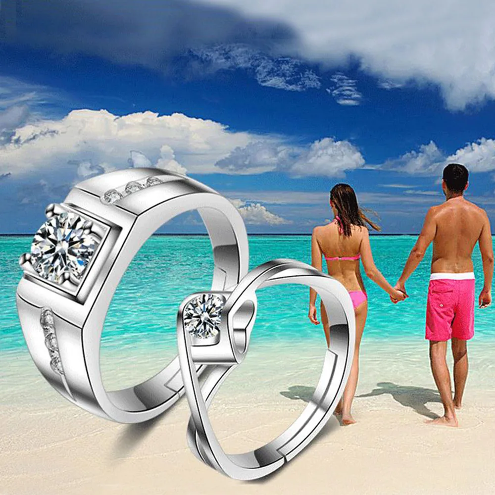 

1 Pair Classic Love-Shape Copper Plated Silver Resizeable Crystal Couple Ring Men Women Set Finger Jewelry Wholesale FreeShiping