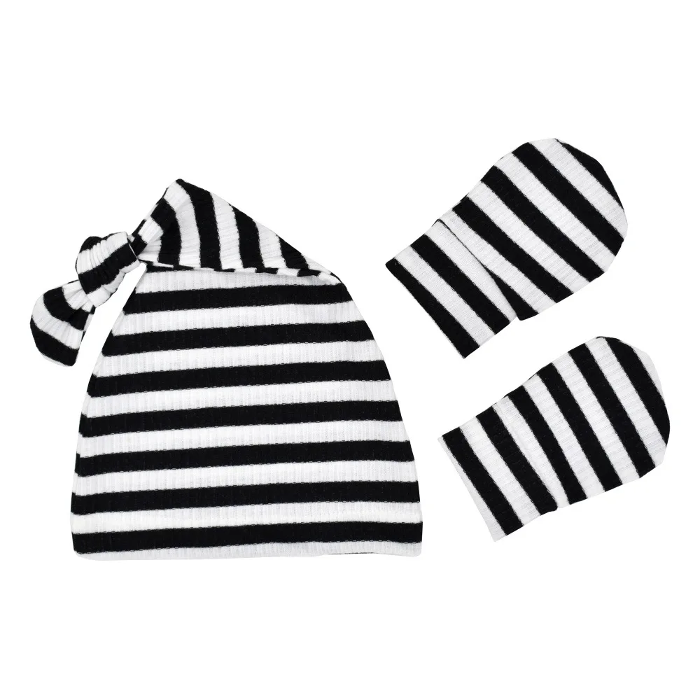 2Pcs/Set Cotton Baby Hats Mittens Newborn Stripe Knot Soft India Cap Toddler Anti Scratching Gloves Girl Warmer Long Tail Beanie | Детская