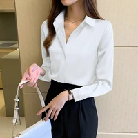 korean office ladies elegant silk shirt blouse women fashion button up satin shirt vintage chic white long sleeve shirts tops