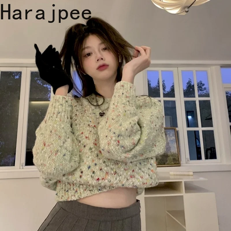 

Harajpee Women Sweater Retro Gentle Style O-neck Long-sleeved Short Knitted Loose Pullover 2021 Autumn Winter New Korean Chic