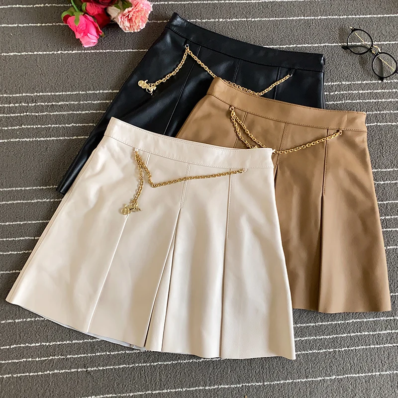 

Autumn 2021 Spring Women's High quality Chains Genuine leather A-line Skirts Chic High-rise leather Skirt C487