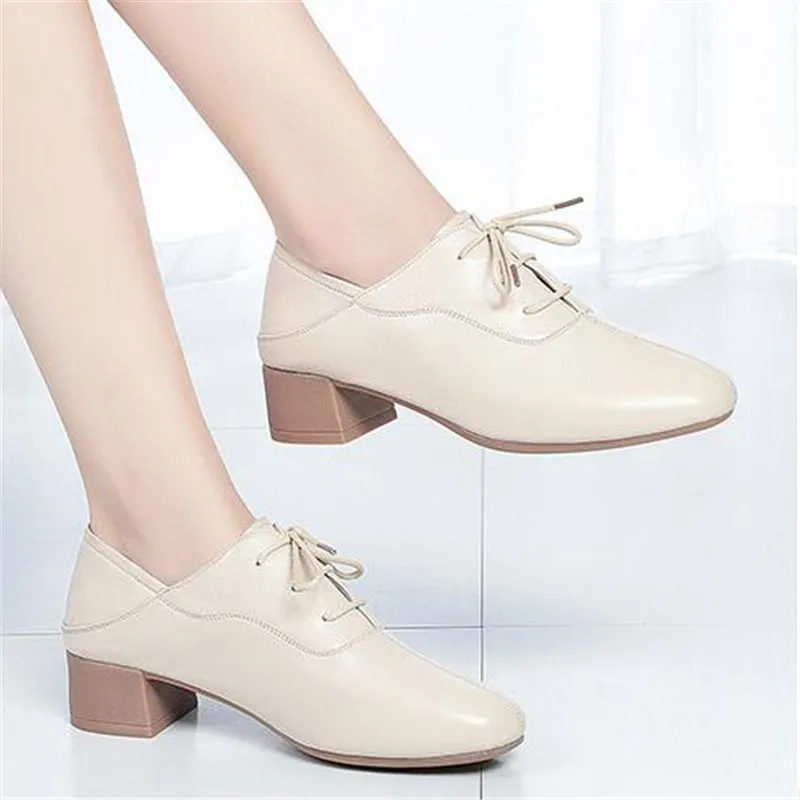 

2020 New Spring Square Head Concise Genuine Leather Shoes Soft Comfort Temperament High Heel Shoes Fashion Elegant Women Shoes