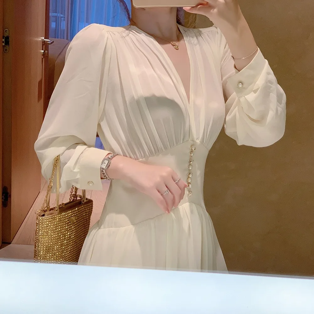 Новинка 2021 Осеннее элегантное платье женское однотонное вечернее феи с длинным