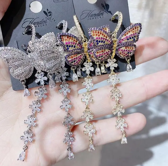 

New Fashion Temperament Insect Earrings Zirconium Diamond Butterfly Flower Tassel gorgeous ladies luxurious vintage eardrop