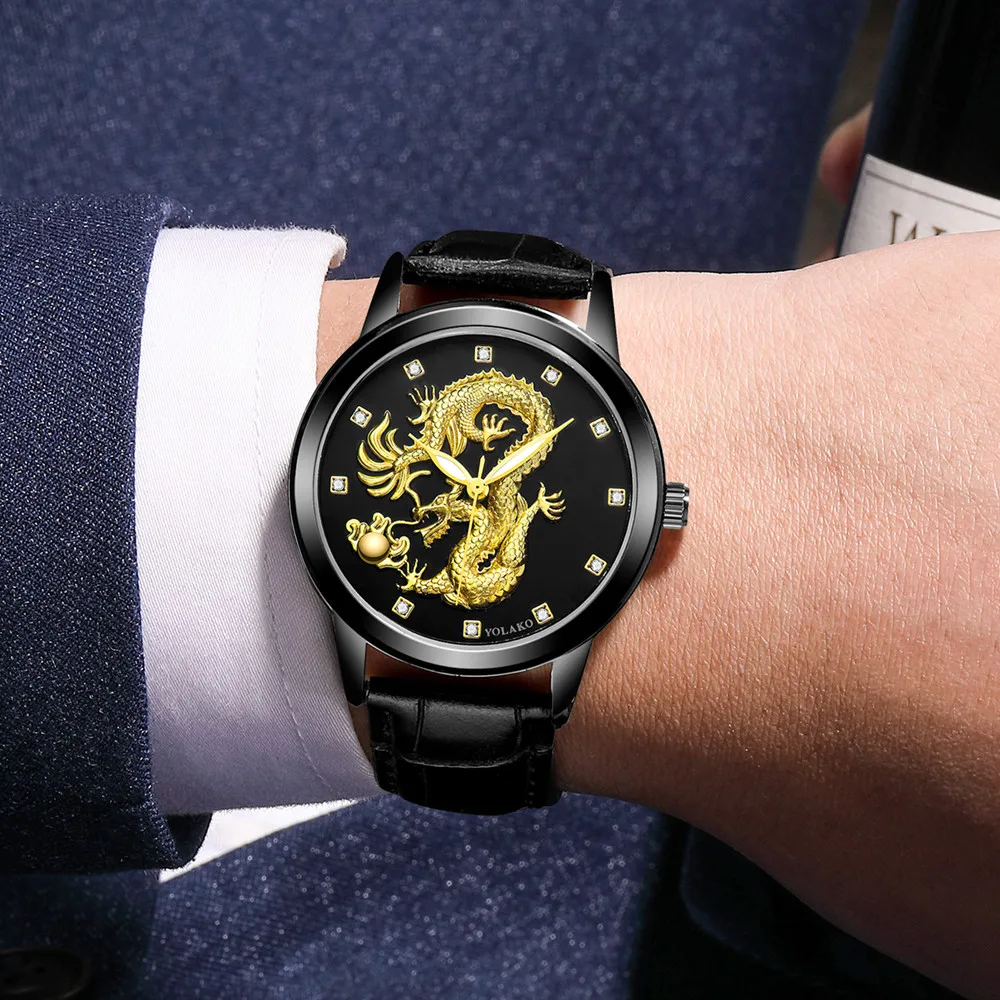 

Luxury Embossed Dragon Men Watches Fashion Casual Leather Quartz Watch Male Outdoor Sports Waterproof Clock Relogio Musculino