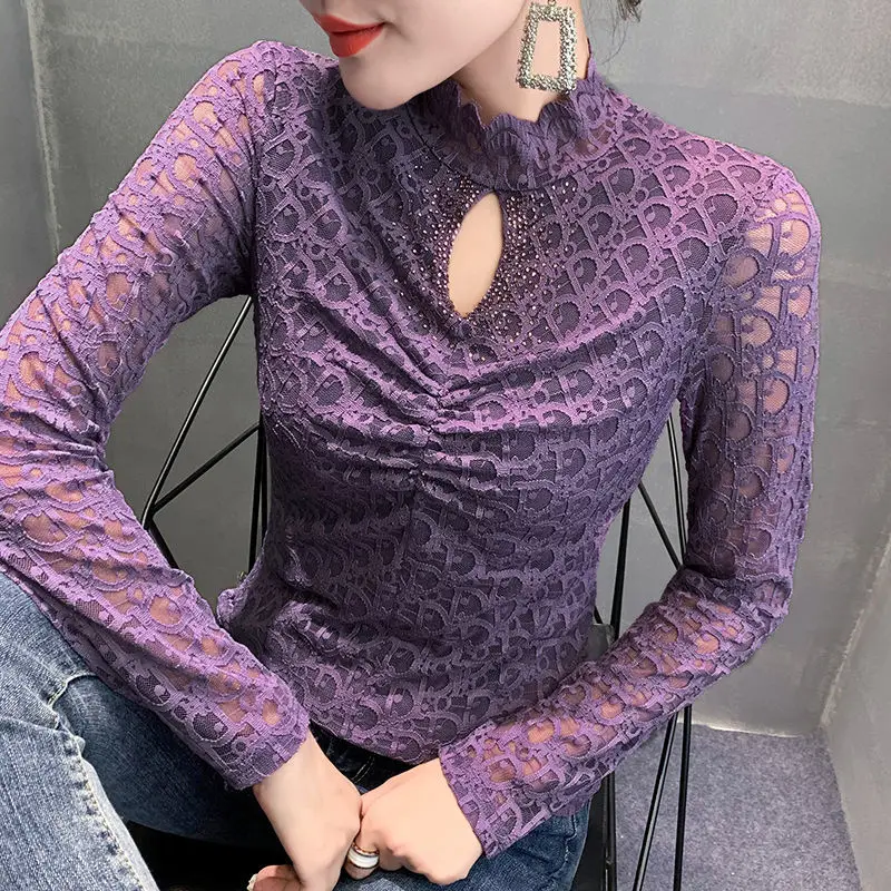 Женская блузка яркая рубашка осенне-зимняя Сексуальная кружевная ажурная со