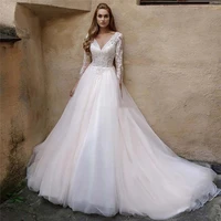 sexy v neck quarter sleeves lace appliques wedding dress tulle buttons bridal gowns 2021 formal women wedding wear