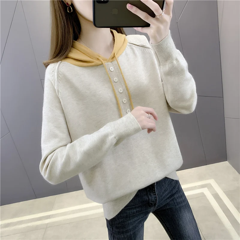 

Room 210581 side row 1 (top)] real shot hooded color matching button Pullover knitted sweater [1393] 48