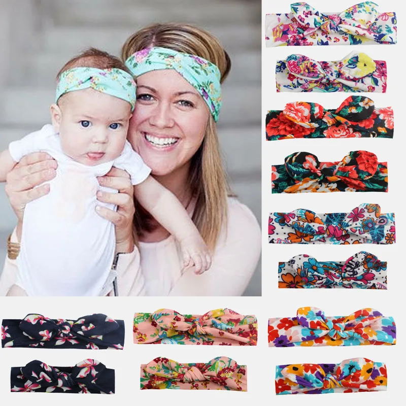 

2PCS Baby HairBands Mama & Baby HeadBands Bowknot Elastic Headwear for Children Print Tuban Hair Accessories for Women