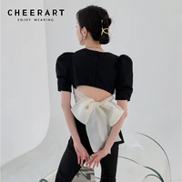 cheerart puff sleeve square neck summer blouse women asymmetrical peplum top bow tie back ladies top korean fashion clothing