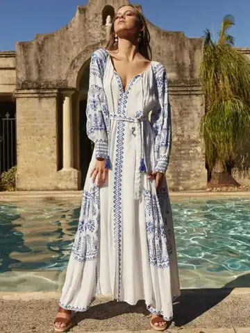 Summer new style of retro ethnic travel holiday embroidered long dress Bohemian beach island dress V neck loose oversize dress