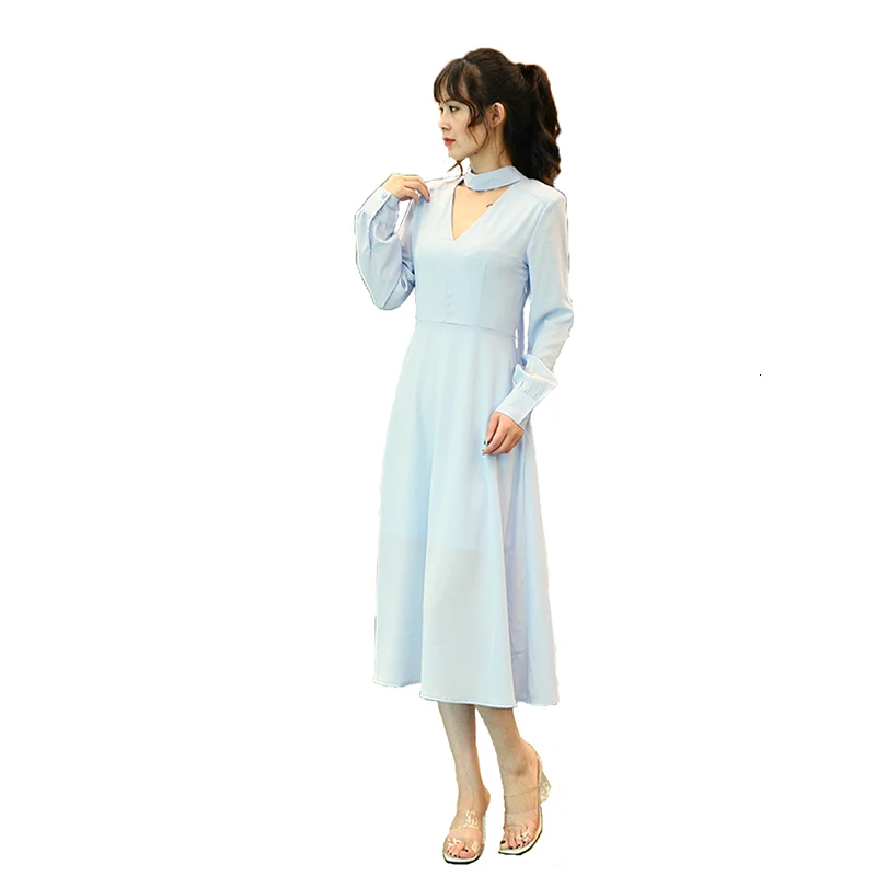 HDY Haoduoyi New Fashion Autumn Sexy Casual Slim Stylish Simple Solid Cutout Lace Bow Party Elegant Women Mid Dress | Женская одежда