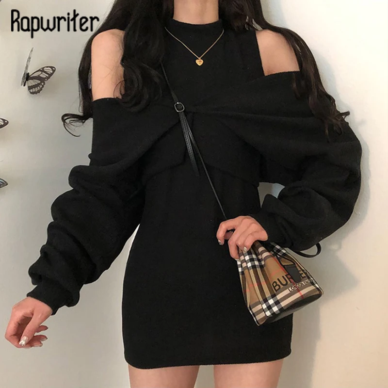 

Rapwriter Solid Basic Knitted Women Two Piece Set y2k Casual Skinny Dress And Long Sleeve Crop Top Harajuku Outfit Party Dress