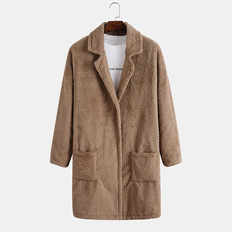 

Мужская Флисовая Куртка средней длины, однотонная модная куртка с отложным воротником и длинными рукавами, Новинка осени и зимы 2021