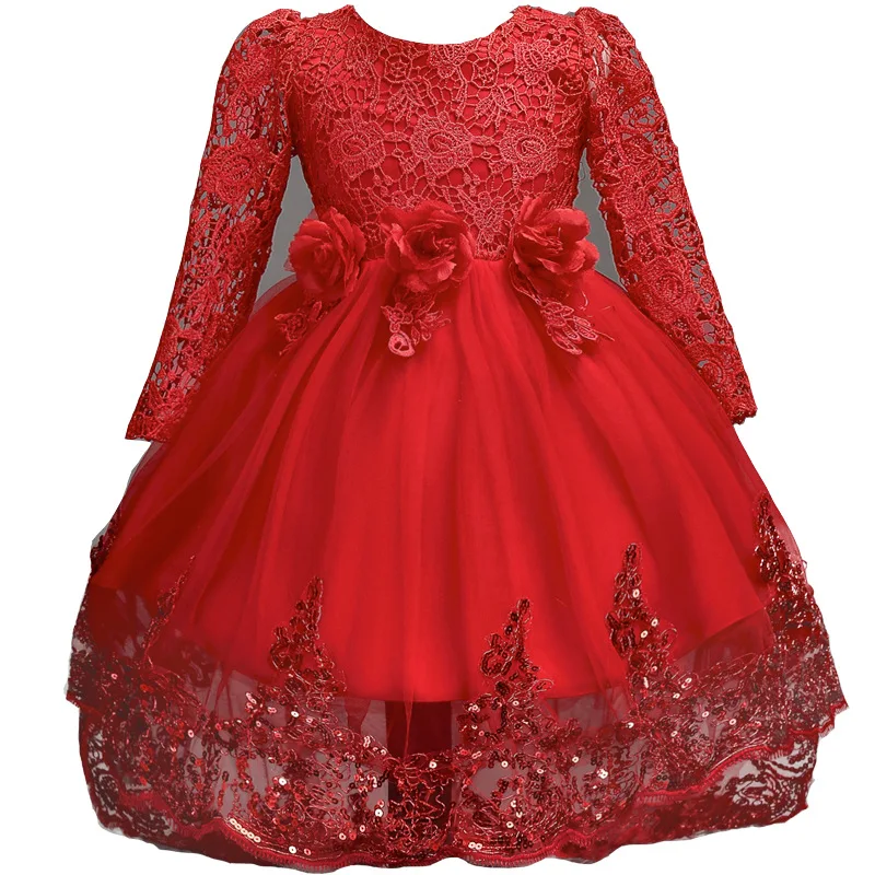 

New Autumn Winter Girl Dress 4-9 Year Birthday Dress White Baptism Vestido Children's Flowers Princess Dresses For Wedding Part