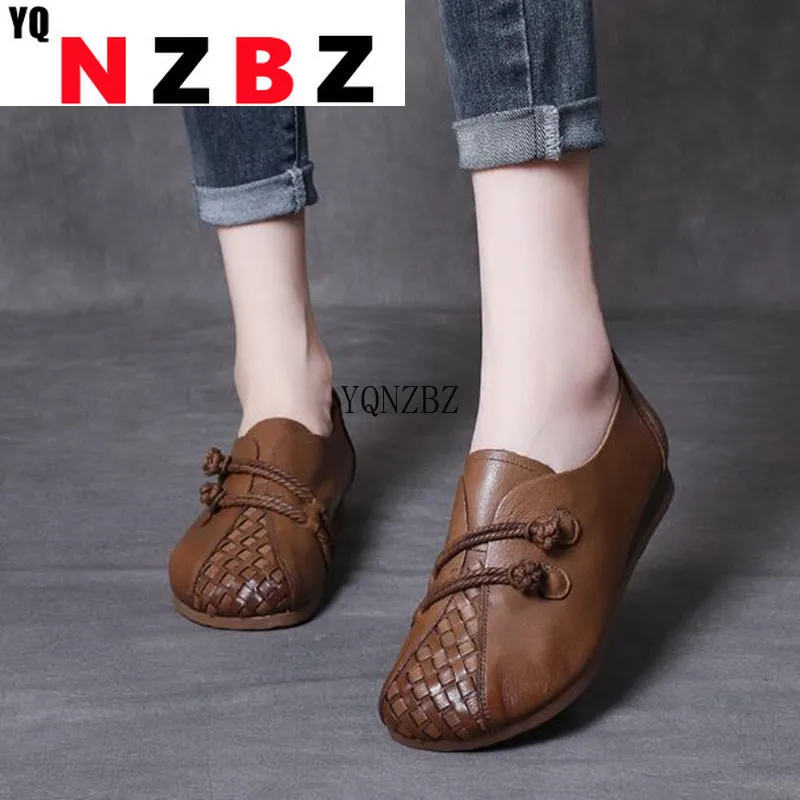 

Retro Shoes Female Soft Genuine PU Leather Hand-Woven Flat Single Shoes Spring Autumn Ethnic Style Comfortable Women's Shoes