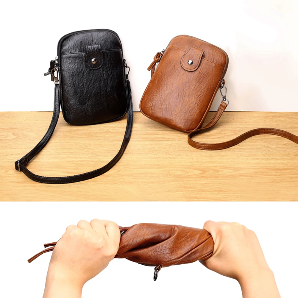 

Vintage Soft PU Leather Crossbody Bags Women Zipper Phone Pouch Fashion Solid Color Shoulder Handbag Ladies Mini Money Purse