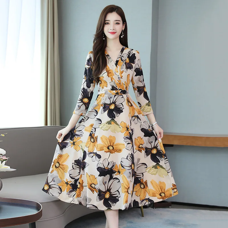 

Long over-the-knee long-sleeved chiffon dress women's autumn wear slim high-end temperament spring and autumn long skirt