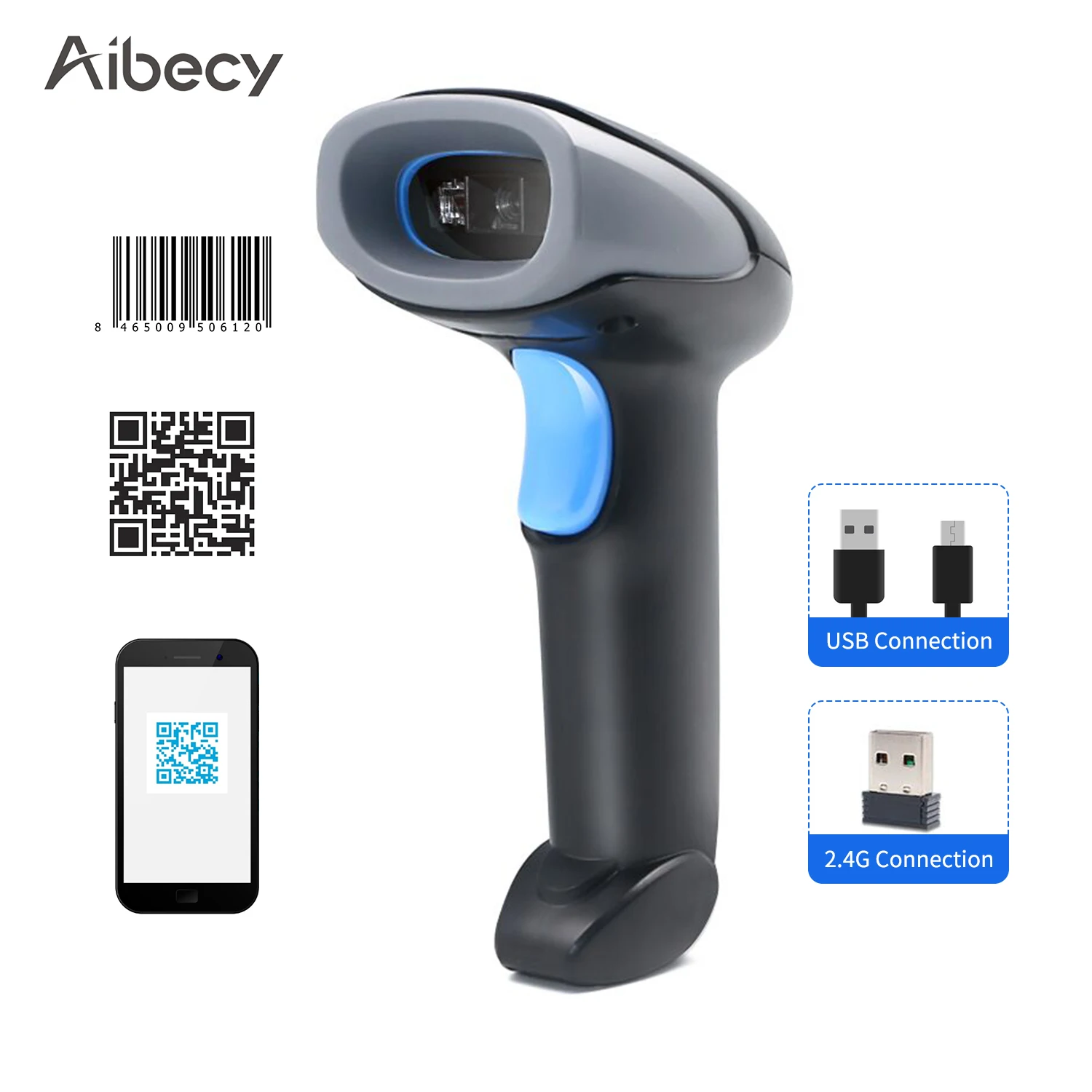 Aibecy ручной сканер штрих кода 1D/2D/QR Сканер 2 4G беспроводной и USB проводной