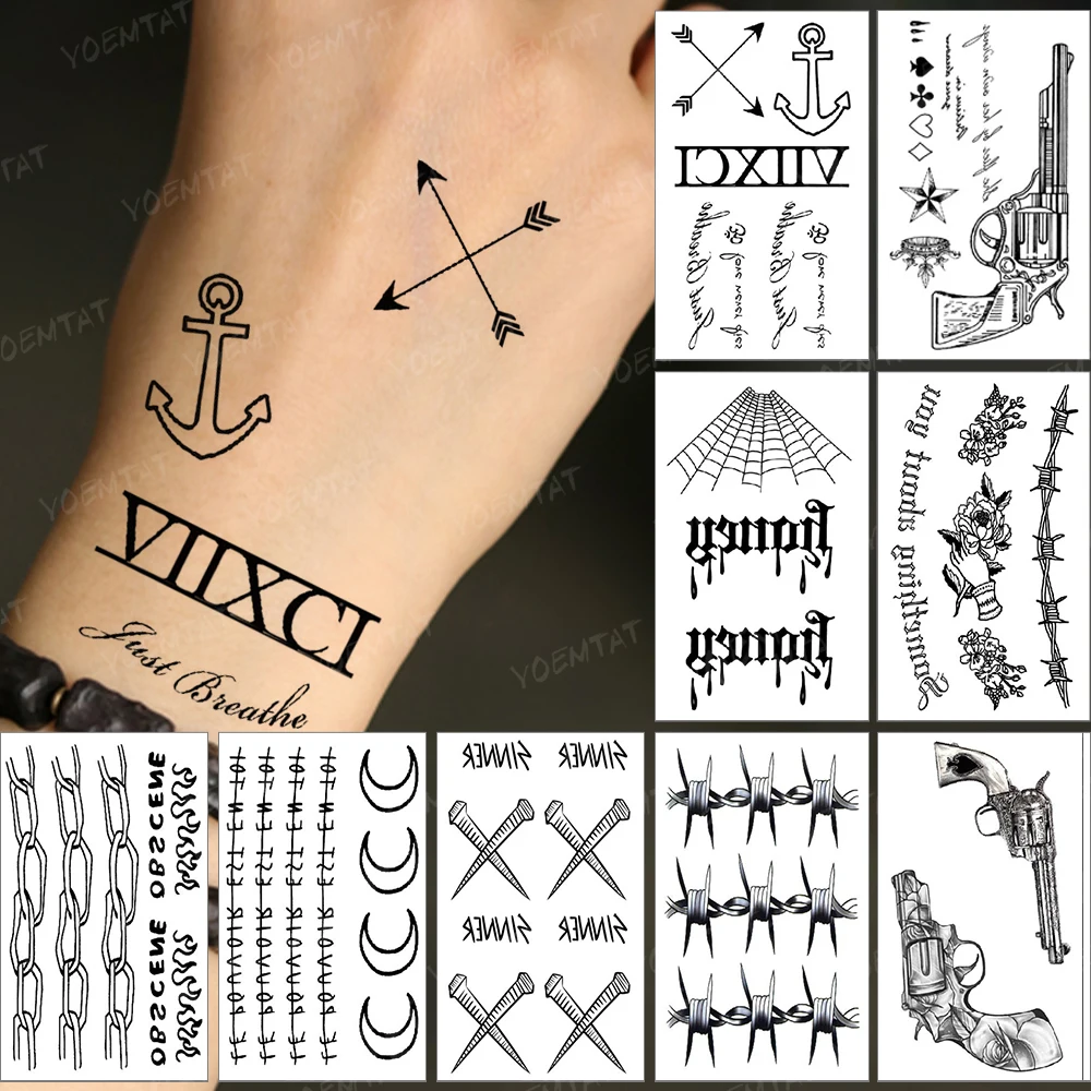

Водостойкая Временная тату-наклейка, линейный текст, черная тату, простая ручная Татуировка на палец для женщин, мужчин, детей, временные та...
