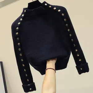 Пуловер женский трикотажный, двубортный, с высоким воротником, Осень-зима 2021