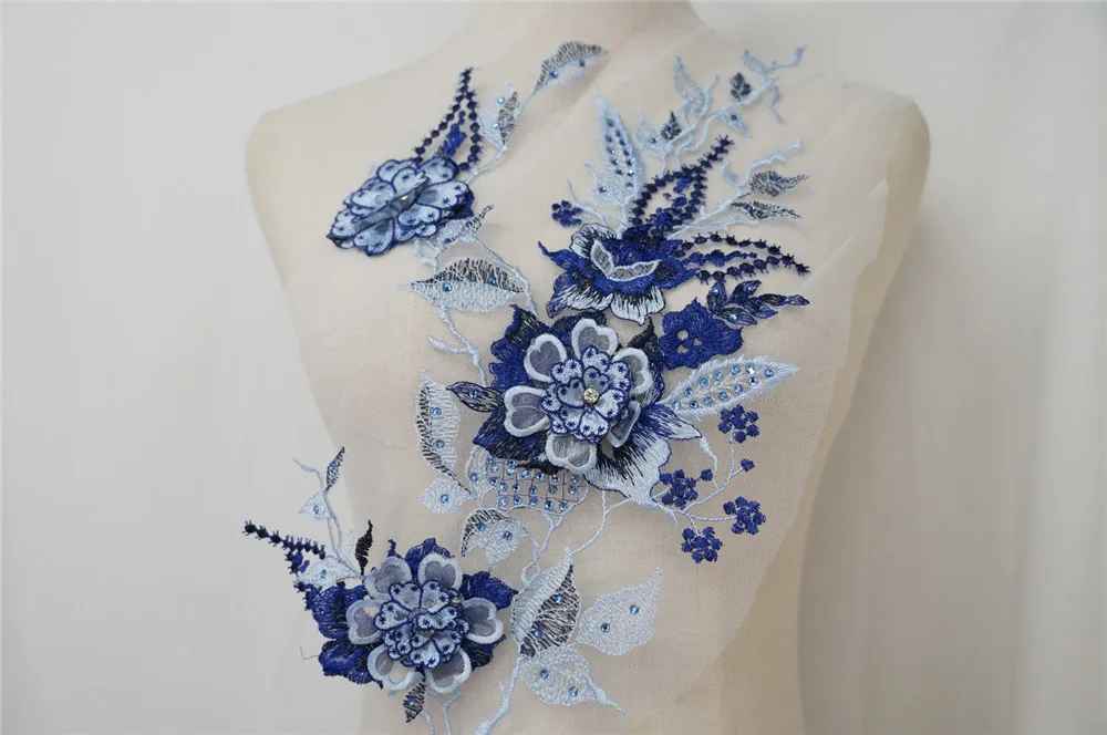 Ярко-голубая ткань 3D Цветочные бусины стразы аппликации вышивка Кружевная