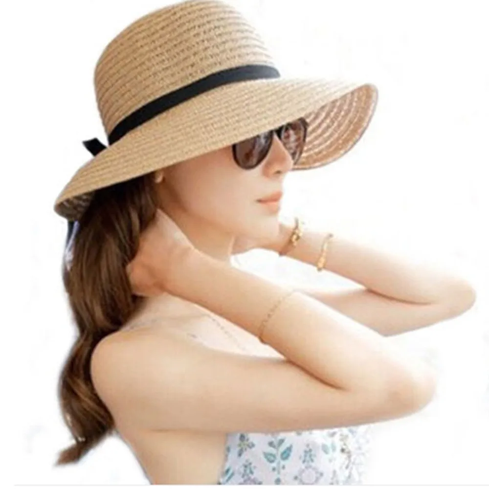 

Bow Knot Ladies Sun Hats Floppy Foldable Elegant Camping Women Straw Hat Beach Summer Vintage Beige Wide Vacation Femme Chapeau