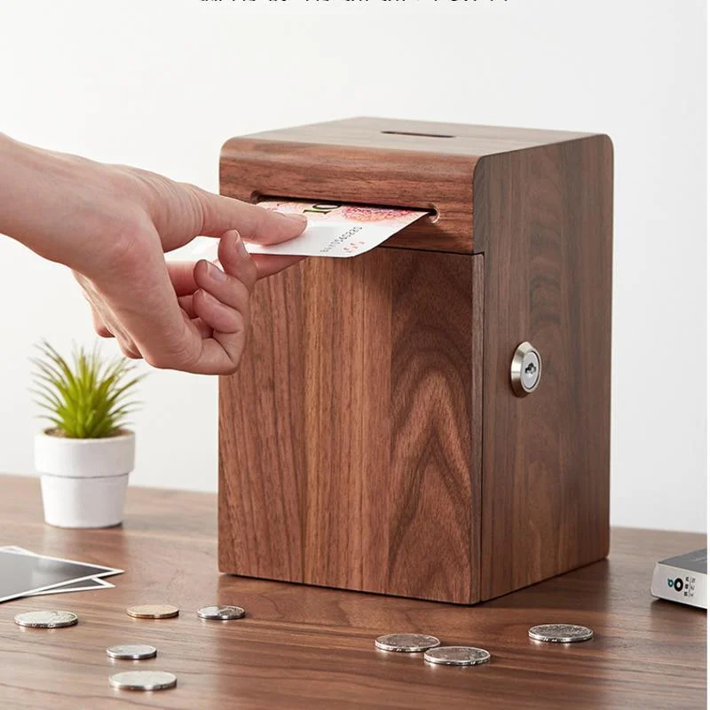 

Creative beech wood saving box children piggy bank with lock drop-proof large-capacity coin and banknote piggy banks home decors