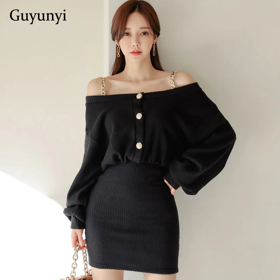 

Black High Street Dress Slash Neck Metal Sling Single Breasted Batwing Sleeve High Waist Folds Loose Top Bottom Tight Mini Dress