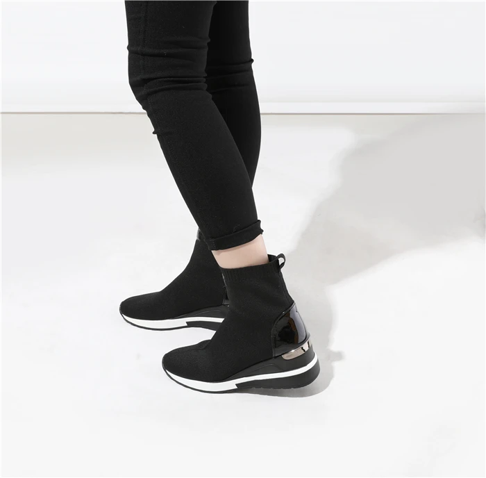 New Knitted Shoes Women High Top Women's Sock Sneakers Spring Women Knit Breathable Shoes Female Platform 6CM