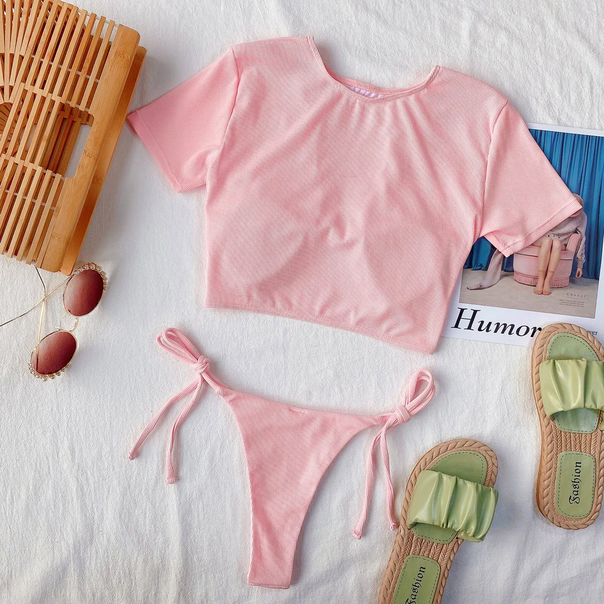 

2021 new summer trend fashion sexy swimwear ladies split swimsuit bikini beachwear solid color hollow women's clothing