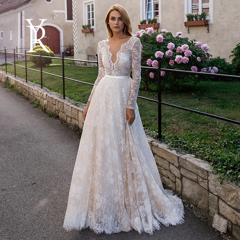 

YILIBERE Lace Wedding Dress Short Sleeve O-Neck Plus Size Luxury Lace Appliques Tulle Cathedral Train Robe Fluffy skirt