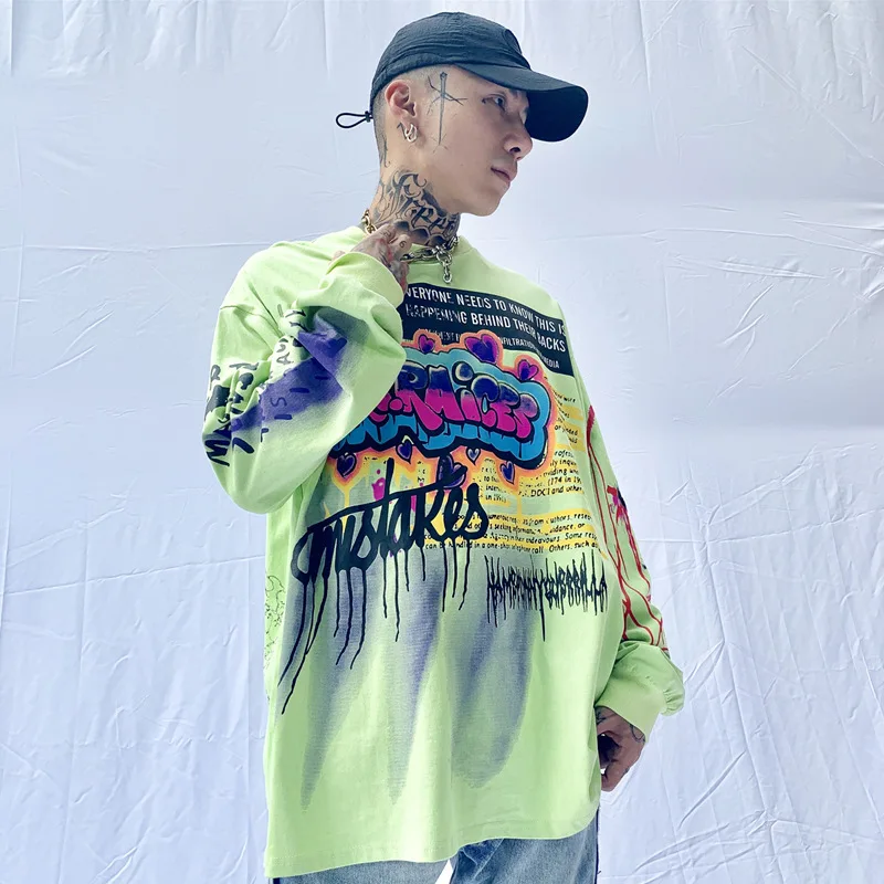 UNCLEDONJM футболки с принтом граффити для мужчин и женщин 2019AW длинный рукав повседневные хлопковые топы футболки Harajuku уличная хип хоп Футболка R06