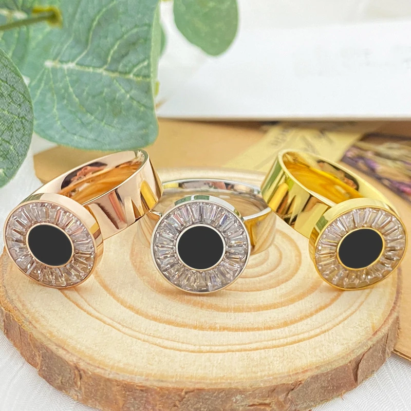 

Black Shell Zircon Ring 18K Gold Titanium Steel Finger Rings Jewelry Accessories Fashion Ornament 3 Color Drop Ship