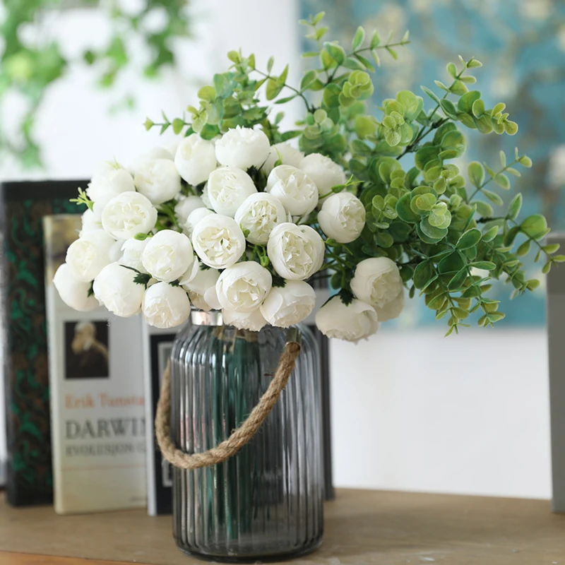 

1 Bouquet 27 heads Artificial Peony Tea Rose Flowers Silk Fake flores Wedding Flower DIY Home Garden Decoration fake plants