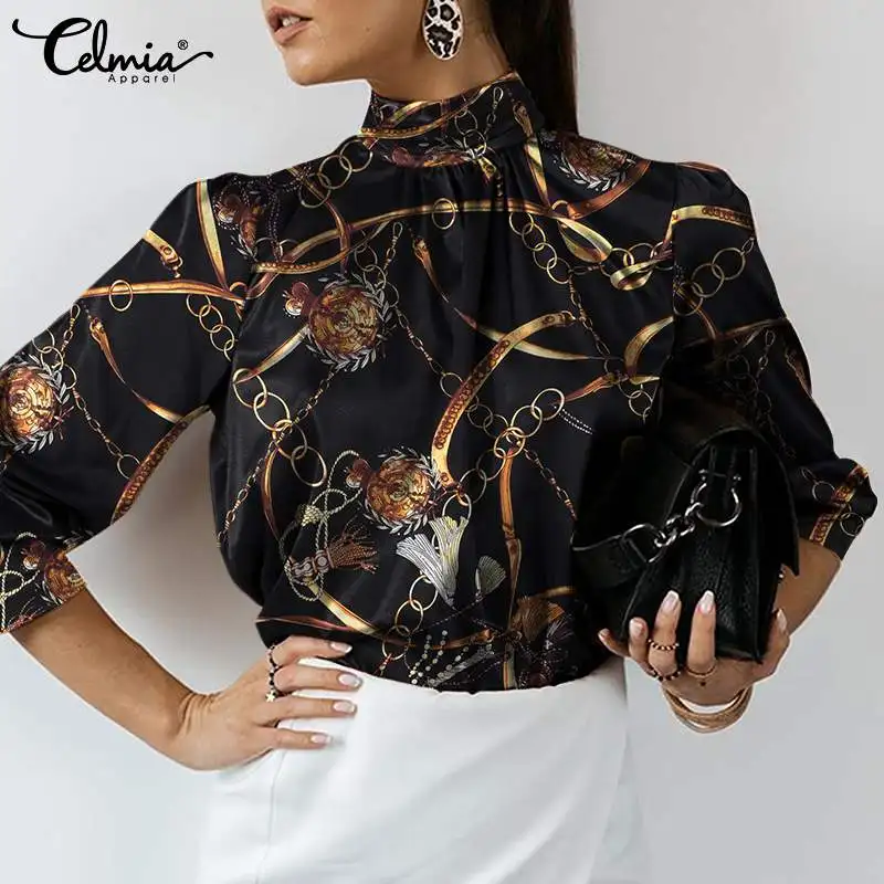 

2022 Office Lady Top Celmia Women Vintage Printed Blouses Stand Collar Long Sleeve Shirts Fashion Pleated Cuff Streetwear Blusas